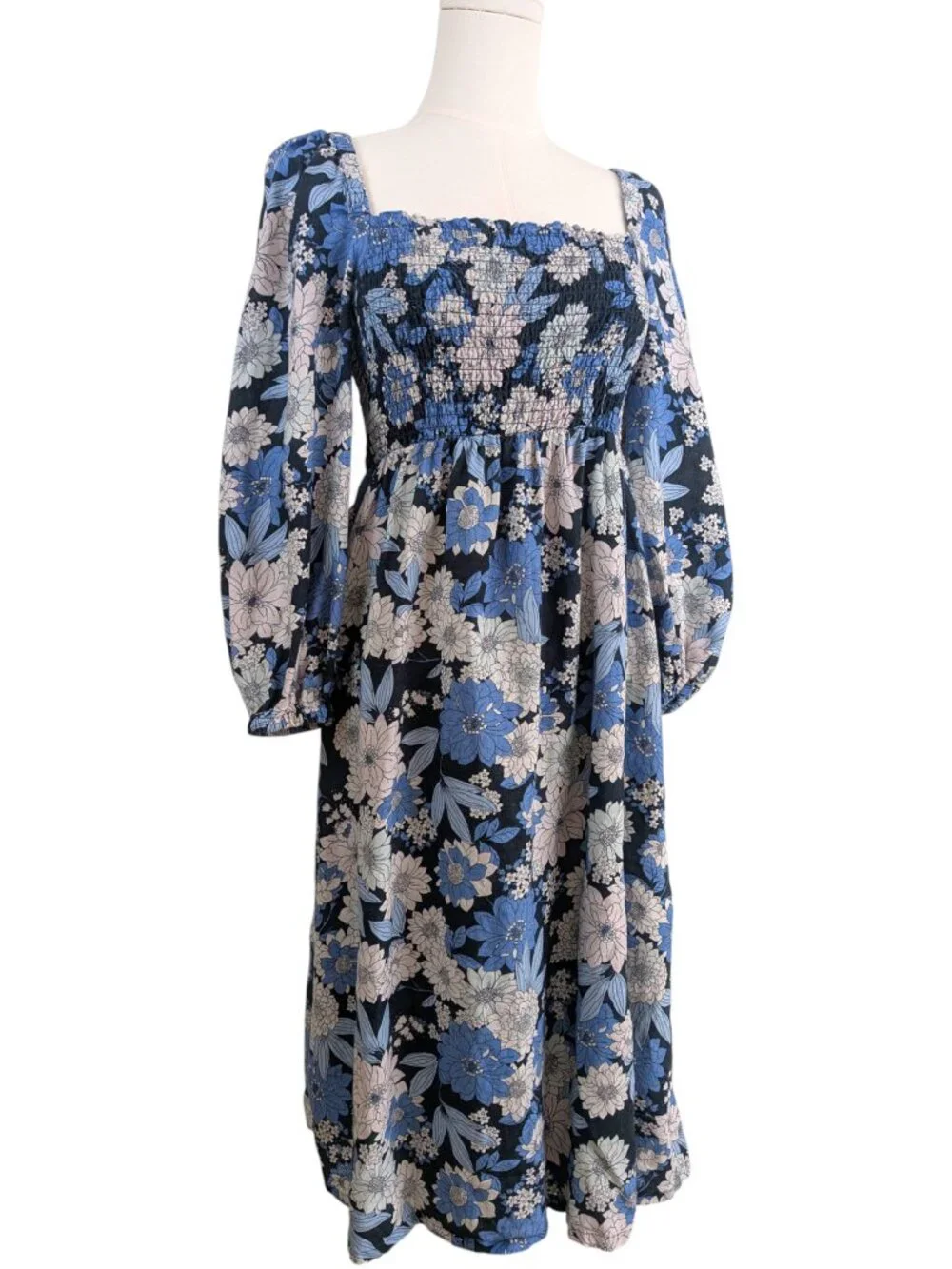 J.Crew Linen Day Dream Midi Dress Blue Zinnia Floral Puff Sleeves Petite Size MP